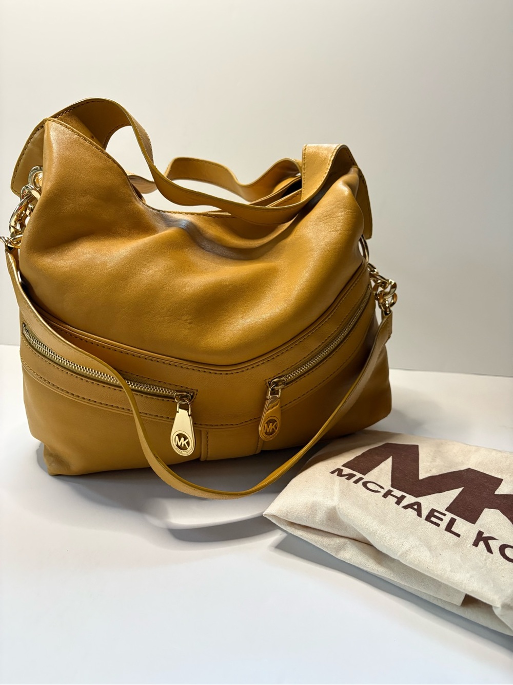 Michael Kors Mustard Leather Hobo Bag with Zipper pockets